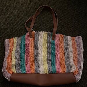 Multicolor Knit Tote Bag with Brown Handles